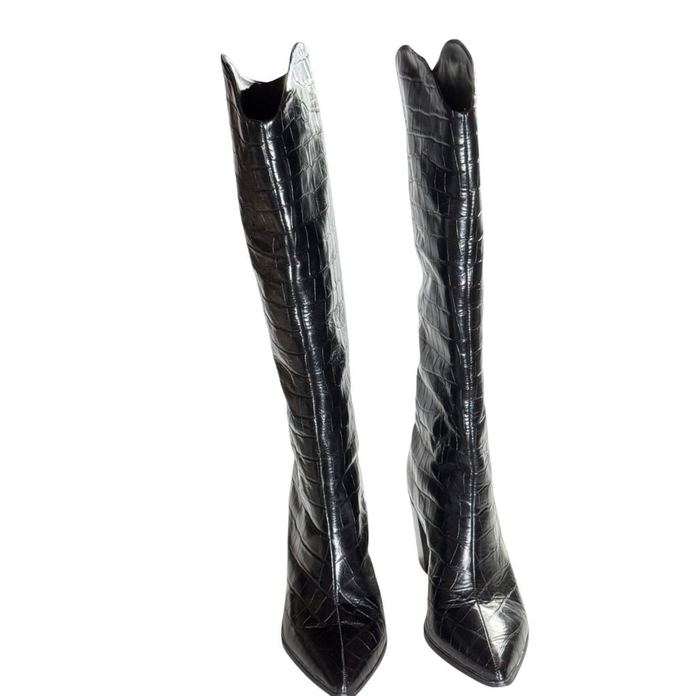 Schutz Mariana Black Crocodile-Embossed Leather Knee-High Black Boots 9.5B - Picture 10 of 14
